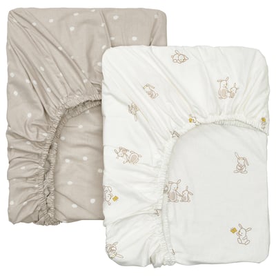 LEN Fitted sheet for cot, white beige/dot pattern bunny pattern, 60x120 cm