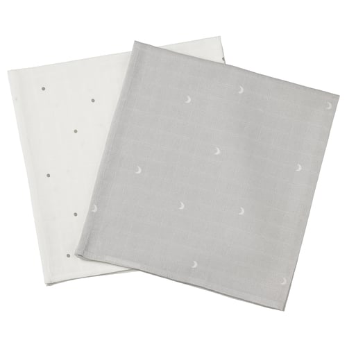 Square baby towels: grey with moons, white with dots. Cotton & viscose.