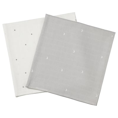 Square baby towels: grey with moons, white with dots. Cotton & viscose.