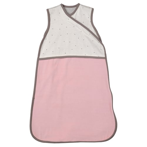 Baby sleep bag, pink & white polka dots, soft velour with cotton jersey, sleeveless, zip front.