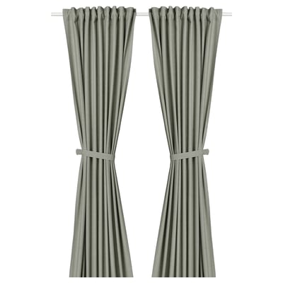 LENDA Curtains with tie-backs, 1 pair, light grey-green/with heading tape, 140x300 cm