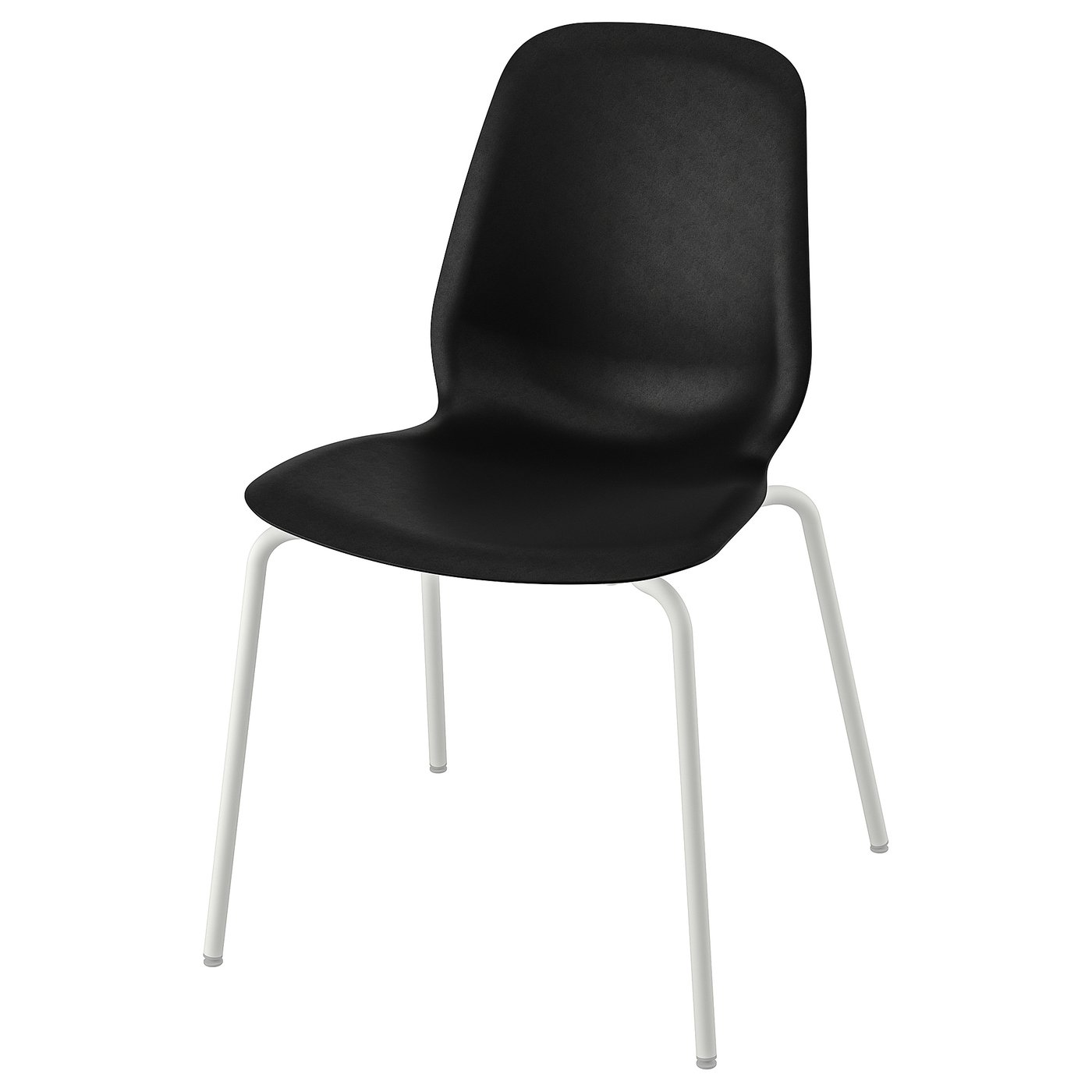 Black LIDÅS chair, sleek modern design, reinforced plastic seat, white metal legs, stackable.