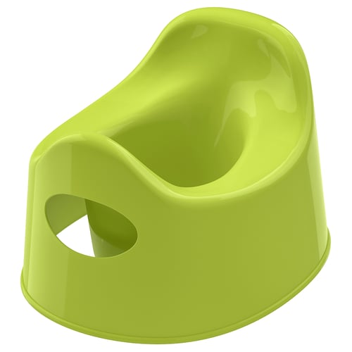 Bright green, child-sized toilet training chair. Curved edges, non-slip base, easy to clean.