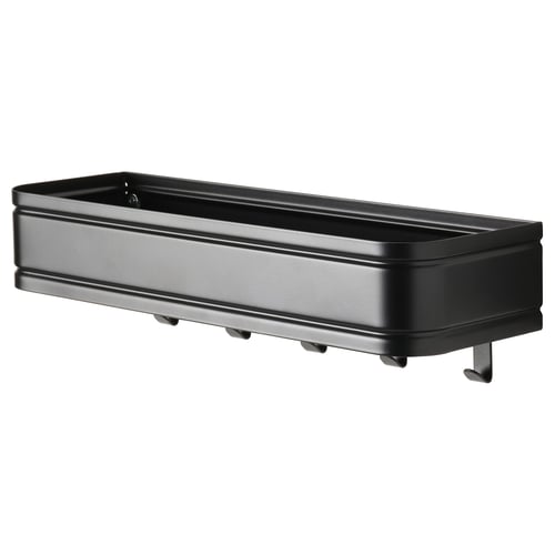 Black rectangular metal storage with hooks, ideal for bathroom accessories.