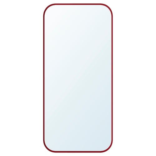 Red-framed LINDBYN mirror, rectangular shape, rounded corners, elegant design.