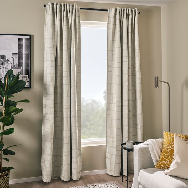 LÖNNSTÄVMAL Block-out curtains, 1 pair, beige/with heading tape, 145x300 cm