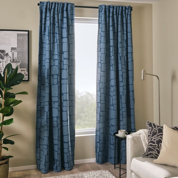 LÖNNSTÄVMAL Block-out curtains, 1 pair, blue/with heading tape, 145x300 cm