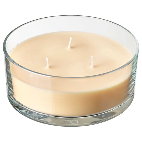 LOTSFÅGEL Scented candle in glass, 3 wicks, Peach light orange, 25 hr