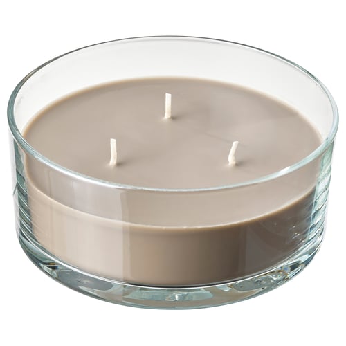 LOTSFÅGEL Scented candle in glass, 3 wicks, Sandalwood & patchouli brown, 25 hr