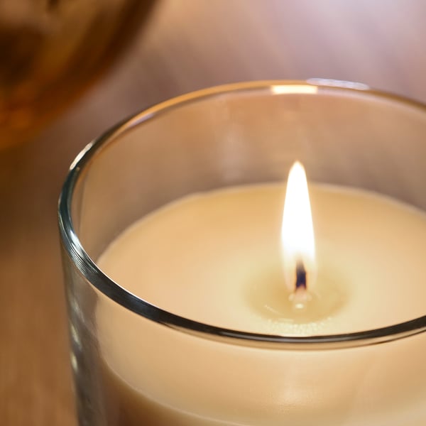 LOTSFÅGEL Scented candle in glass, Peach light orange, 40 hr