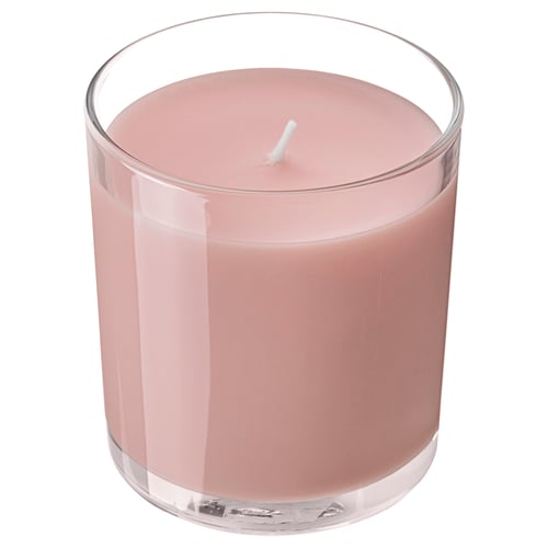 LOTSFÅGEL Scented candle in glass, Red berries light pink, 40 hr