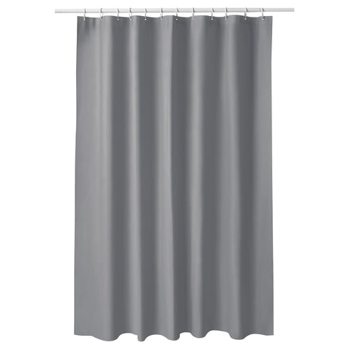 Grey shower curtain with simple design, made of water-repellent peva.