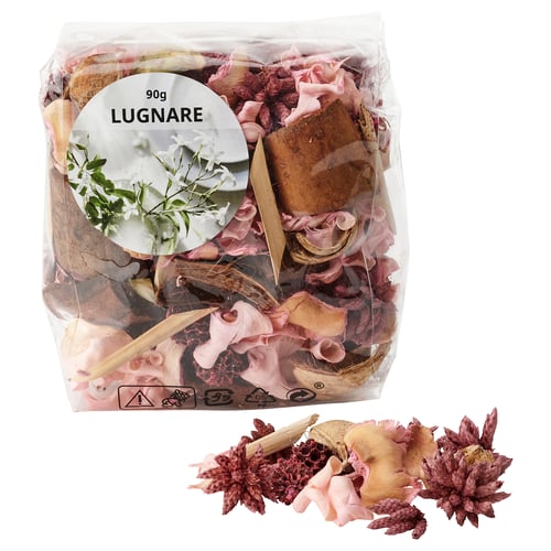 Clear plastic bag of LUGNARE potpourri, featuring dried pink and purple flowers, wood pieces, and natural plant parts, with a white label.
