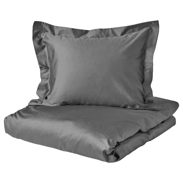 LUKTJASMIN: grey silk-like duvet cover & pillowcase, soft sateen weave, rectangular with button closure.