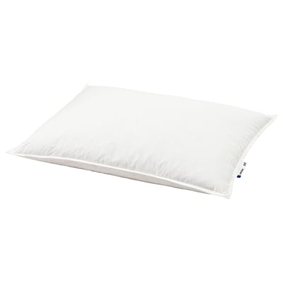 Depicts a white LUNDTRAV pillow with soft cotton fabric, plump with 90% feather filling, ideal for side or back sleepers.