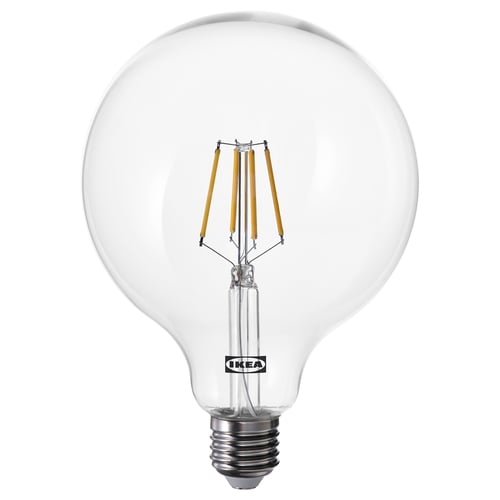 IKEA LUNNOM bulb, clear glass, globe-shaped, led, warm white light.