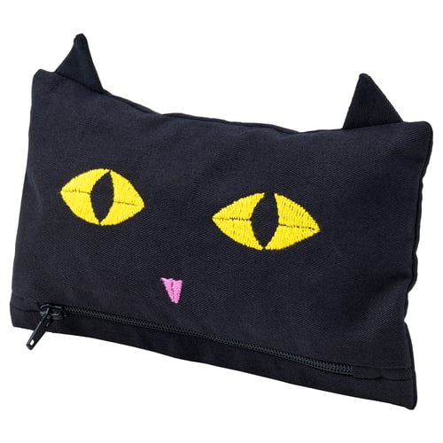 Black cat-shaped pouch with yellow eyes, pink nose, zip mouth, and pointy ears. Made of cotton, perfect for small items.