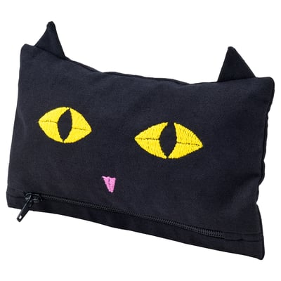 Black cat-shaped pouch with yellow eyes, pink nose, zip mouth, and pointy ears. Made of cotton, perfect for small items.