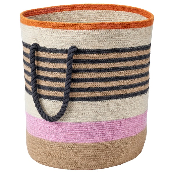IKEA MÄVINN basket, colourful stripes of orange, white, black, pink, and beige, cylindrical shape with braided handles.