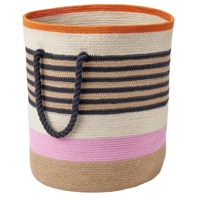 IKEA MÄVINN basket, colourful stripes of orange, white, black, pink, and beige, cylindrical shape with braided handles.