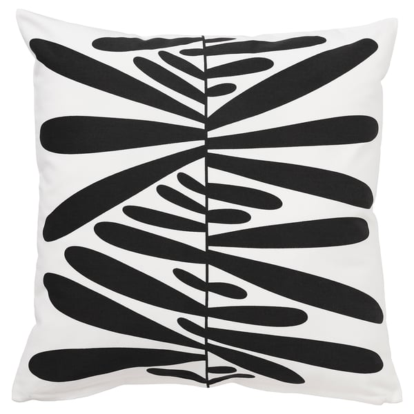 MAJSMOTT cushion: bold black abstract leaf design on white cotton square pillow.