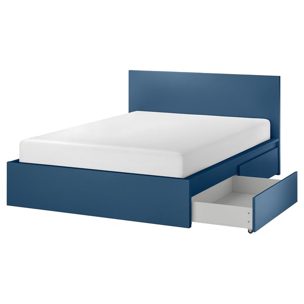 MALM Bed frame, high, w 4 storage boxes, blue, 140x200 cm