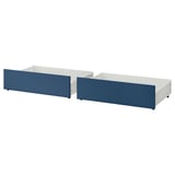 Two blue under-bed storage drawers, rectangular with white fronts, featuring casters for easy rolling, made from particleboard and laminate.