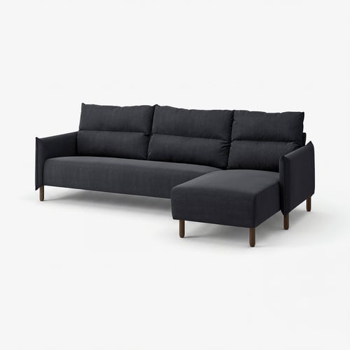 Modern dark grey sectional sofa with high back, cushions, and wooden legs.
