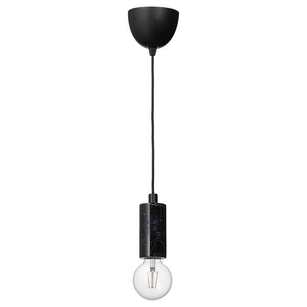 Black pendant lamp with marble socket, clear glass bulb with visible filament, hanging cord.