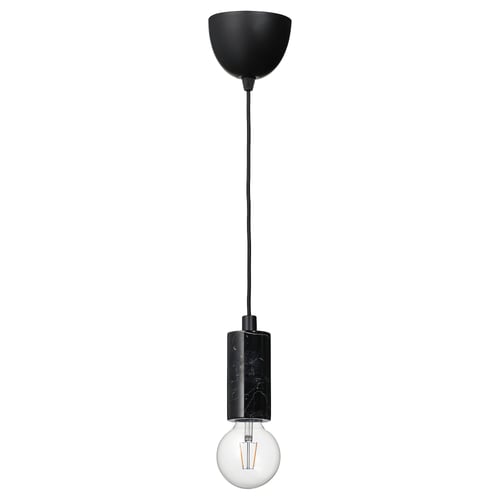 Black pendant lamp with marble socket, clear glass bulb with visible filament, hanging cord.