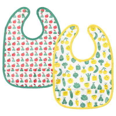 Two childrens bibs, one with red apple print, the other with yellow vegetable faces. Both have colourful borders and a soft back.