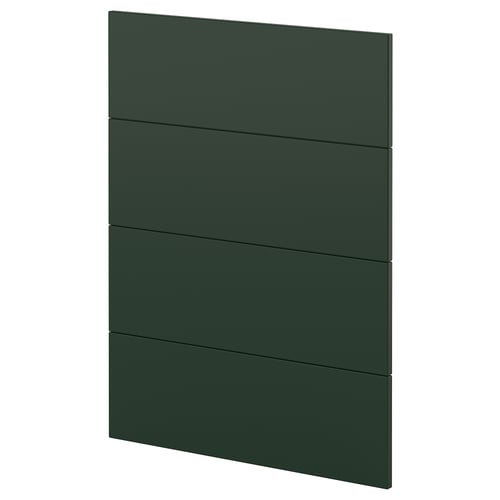 This image shows a vertical, rectangular dark green kitchen cabinet with straight lines and flat panels.