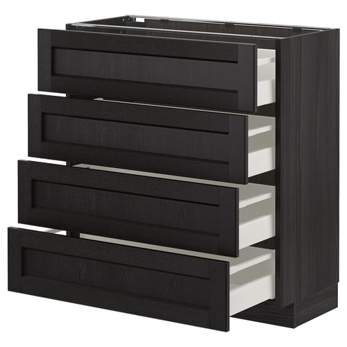 Modern black drawer unit, four open drawers with bevelled edges for kitchen storage.