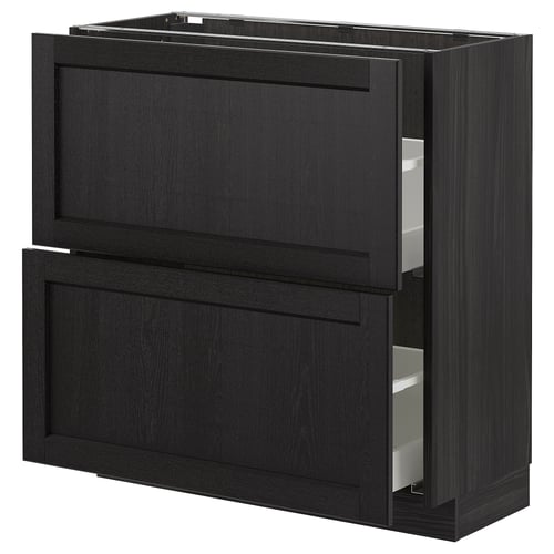 Dark wooden kitchen cabinet with two drawers, one open, showcasing modern design.