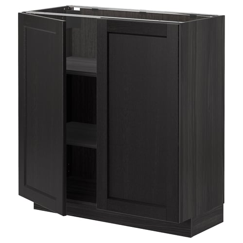 Black METOD kitchen cabinet with dark stained wooden doors and shelves.