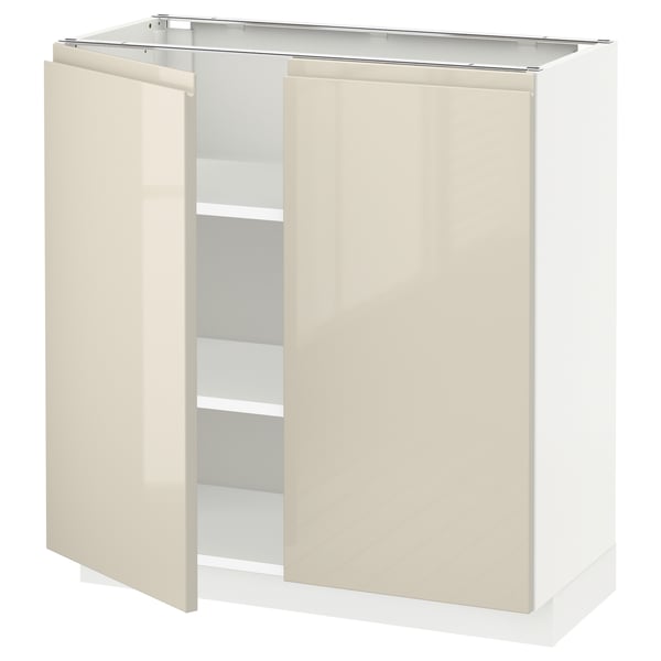 METOD Base cabinet with shelves/2 doors, white/Voxtorp high-gloss light beige, 80x37 cm