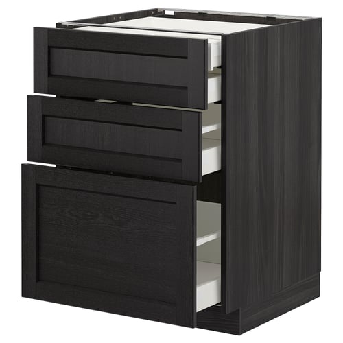 Black stained kitchen cabinet with three open drawers, modern design, smooth finish.