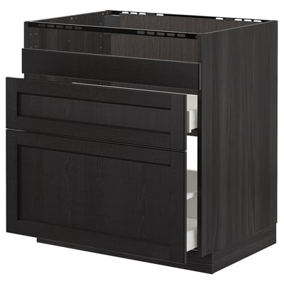 Black stained wooden kitchen cabinet with bevelled edges.