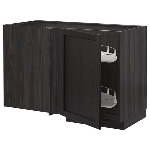 Modern black wooden kitchen cabinet with two open doors showing wire shelves.