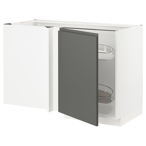 Modern white kitchen cabinet with dark grey door, pull-out shelves, integrated handles.