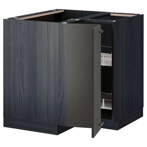 Dark grey METOD kitchen cabinet, open at one door, showcasing adjustable shelves, compact design.
