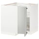 METOD kitchen: white corner cabinet with open door showing shelves.