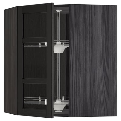 METOD Corner wall cab w carousel/glass dr, black/Lerhyttan black stained, 68x80 cm