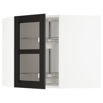 METOD Corner wall cab w carousel/glass dr, white/Lerhyttan black stained, 68x60 cm