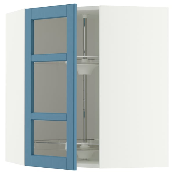 METOD Corner wall cab w carousel/glass dr, white/Lerhyttan blue, 68x80 cm