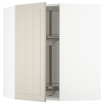 Modular kitchen unit, beige doors, glass shelf, metal supports.