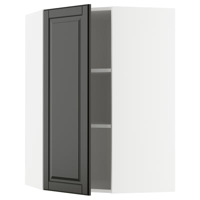 METOD Corner wall cabinet with shelves, white/Bodbyn black, 68x100 cm