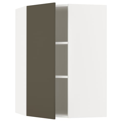 A modern, wall-mounted kitchen cabinet with a dark brown door and beige interior. It an adjustable shelf and a sleek design.