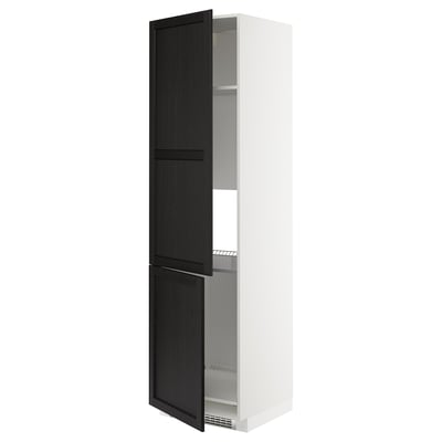 A white METOD kitchen cabinet with black stained wooden doors, featuring bevelled edges and a sturdy frame.
