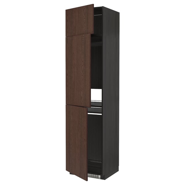 METOD High cab f fridge/freezer w 3 doors, black/Sinarp brown, 60x60x240 cm